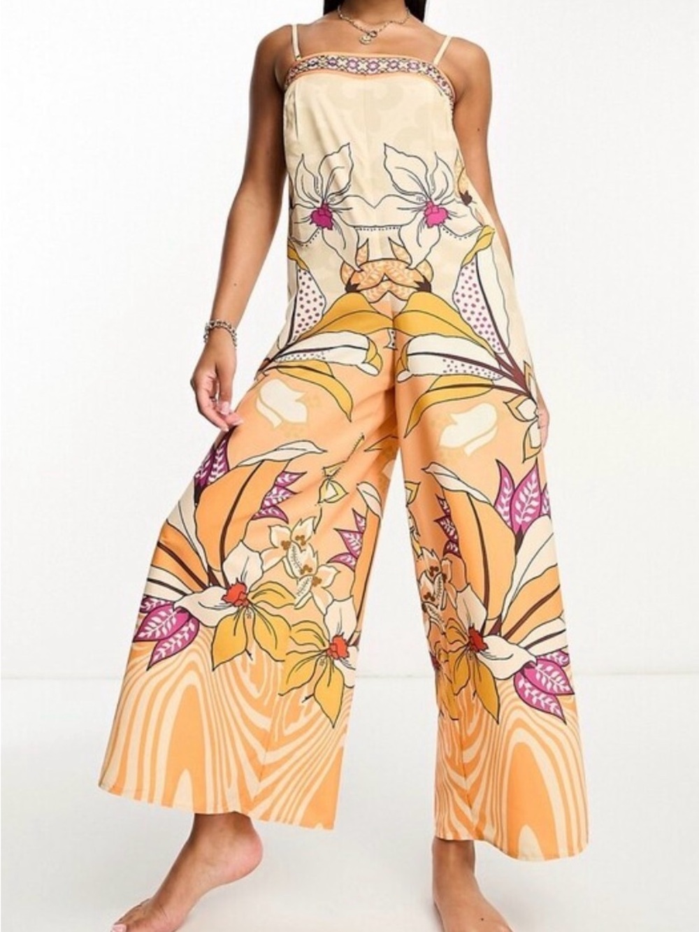 River Island Tropical Print Wide Leg Beach Jumpsuit XS